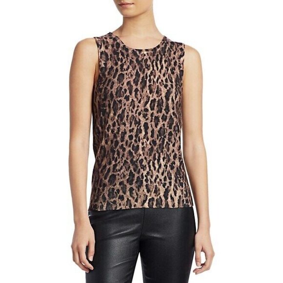 Saks Fifth Avenue Cashmere Leopard Print Shell Top Brown Sleeveless L - Picture 1 of 7